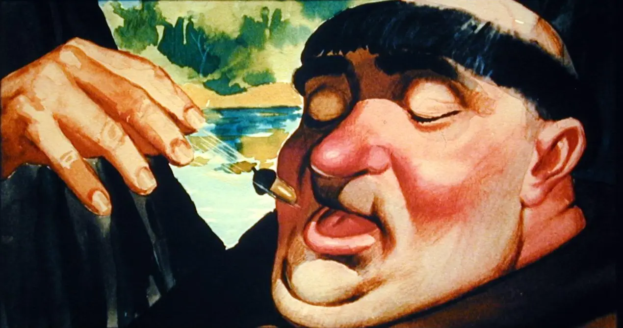 O ilustrație artistică care prezintă un bărbat cu un nas mare și rotund, în timp ce cineva din jurul său îl ajută cu o pipetă. În fundal se vede un peisaj natural cu apă și vegetație.