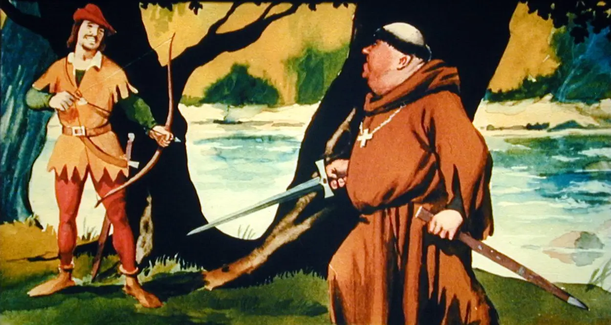 Imagine animată cu doi bărbați: unul îmbrăcat ca un arcaș, având un arc în mână, și celălalt îmbrăcat în haine monahale, purtând o sabie, ambii aflați lângă un râu și copaci.