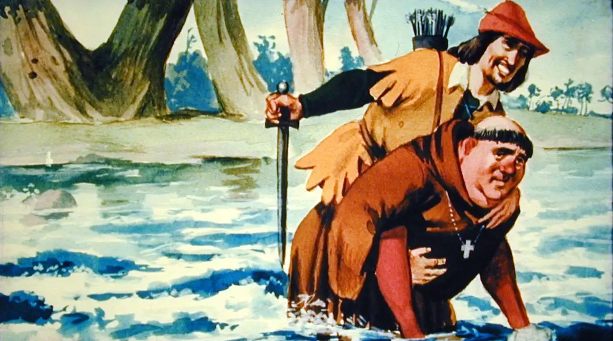 Ilustrație colorată cu doi bărbați traversând apă, unul îmbrăcat în haine medievale și celălalt purtând un sutana, cu un fundal de copaci.