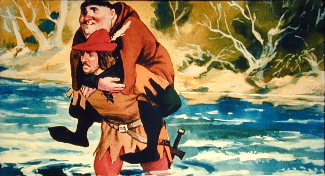 Ilustrație artistică a două personaje, unul purtându-l pe spate pe celălalt, traversând un râu.