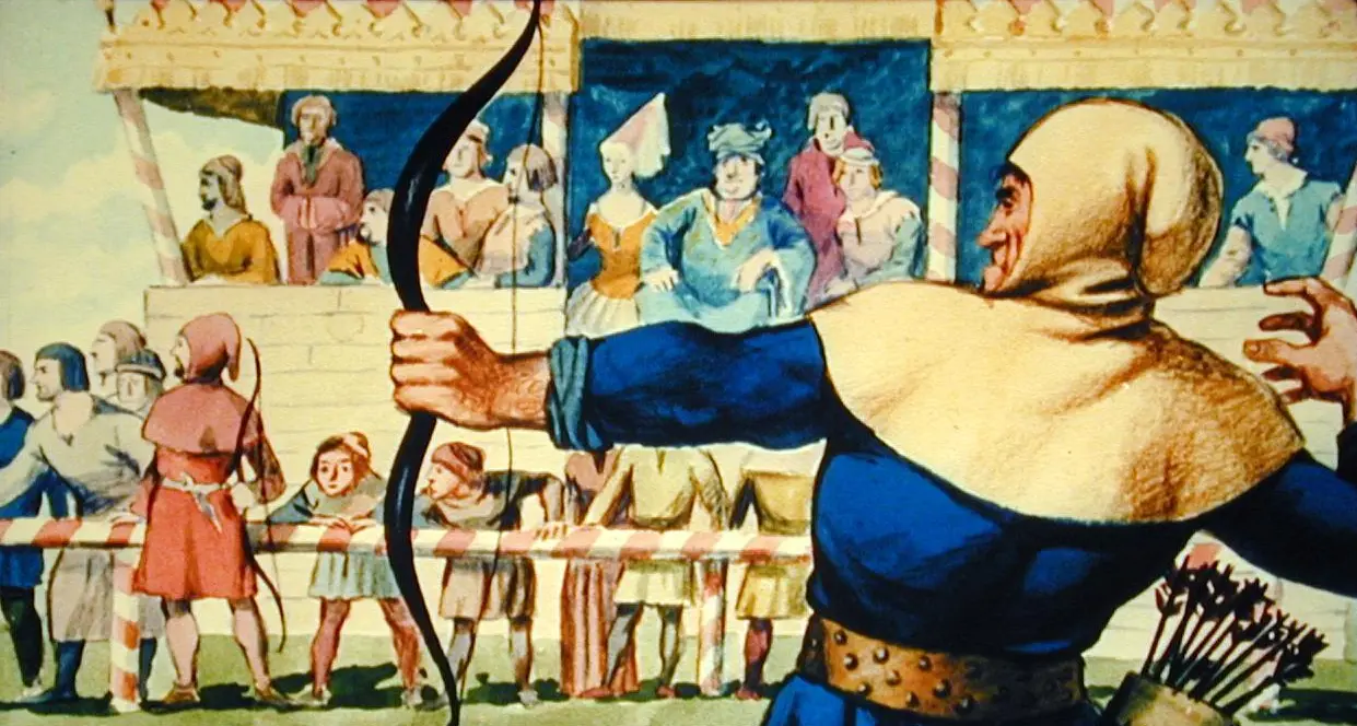 Illustration of an archer preparing to shoot in front of a crowd, with medieval characters and an archery competition setup.