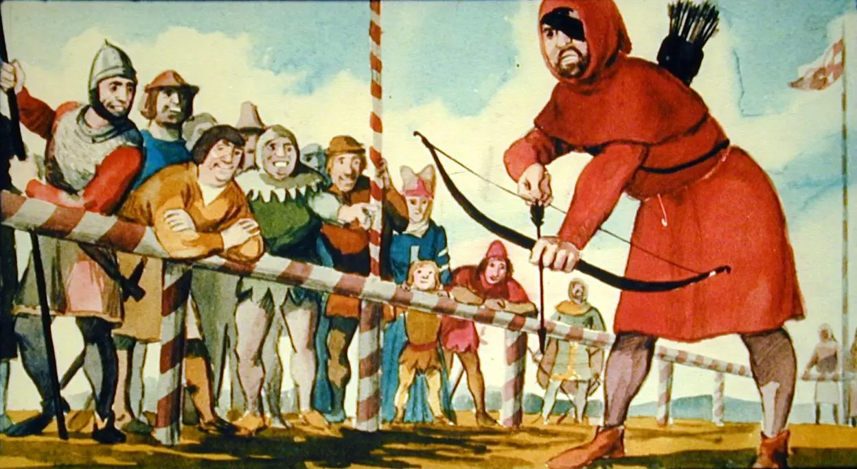 Ilustrație colorată cu mai multe personaje dintr-un festival medieval, un tir cu arcul având loc în prim-plan.