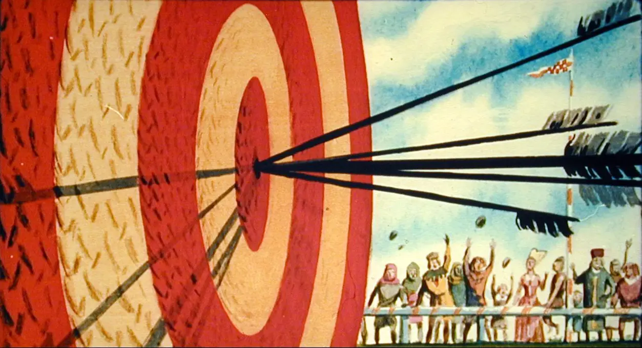 Imagine care ilustrează o țintă mare cu săgeți înfipte în centrul ei, iar în fundal se află un grup de personaje care privesc și aplaudă.