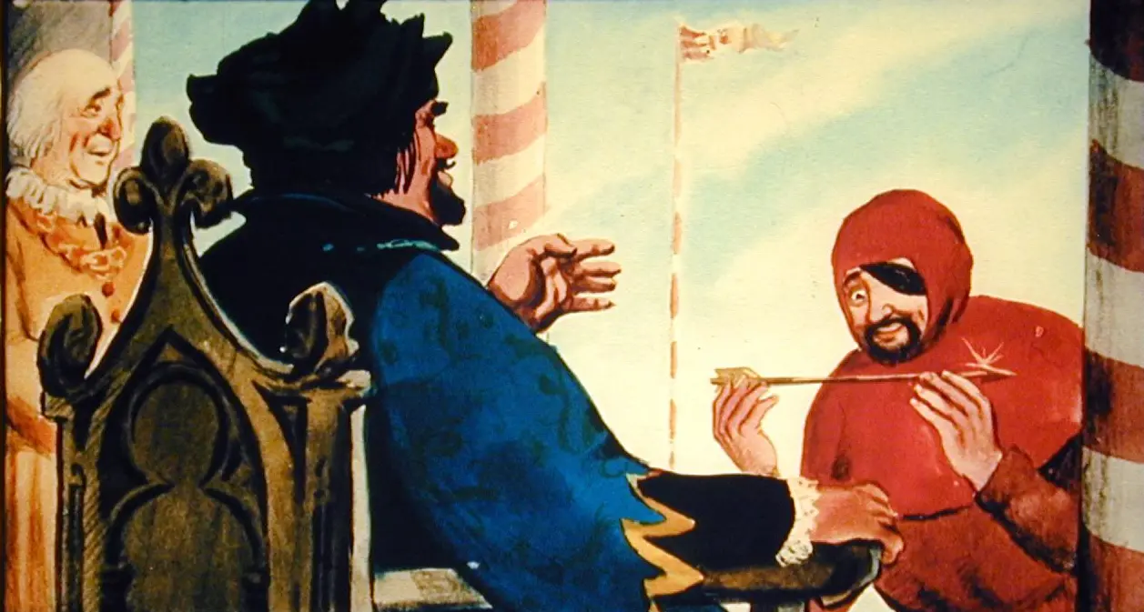 Ilustrație care prezintă o scenă medievală cu un rege pe un tron, discutând cu un bărbat îmbrăcat în roșu, care pare să arate o săgeată.