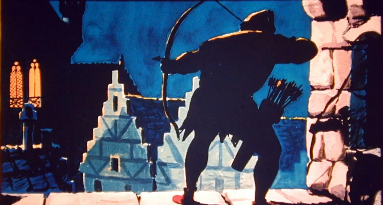 Ilustrație artistică cu o siluetă de arcaș pe un zid, cu orașul vechi în fundal.