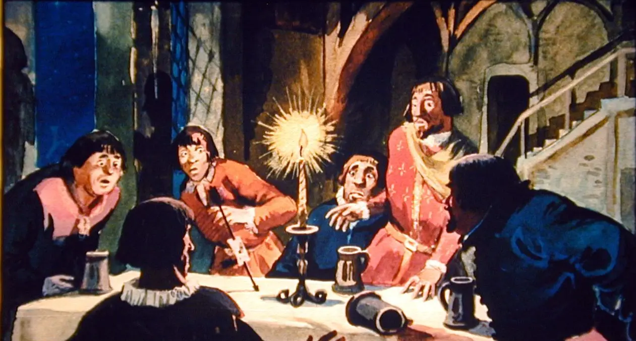 O scenă animată cu șase personaje surprinse în jurul unei mese, cu o lumânare aprinsă în mijloc, exprimând uimire și teamă.