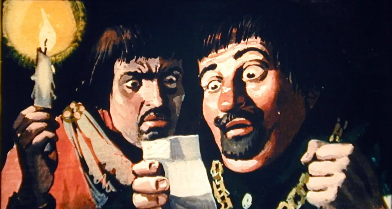 Ilustrație cu două personaje surprinse, una ținând o lumânare și cealaltă examinând un document.