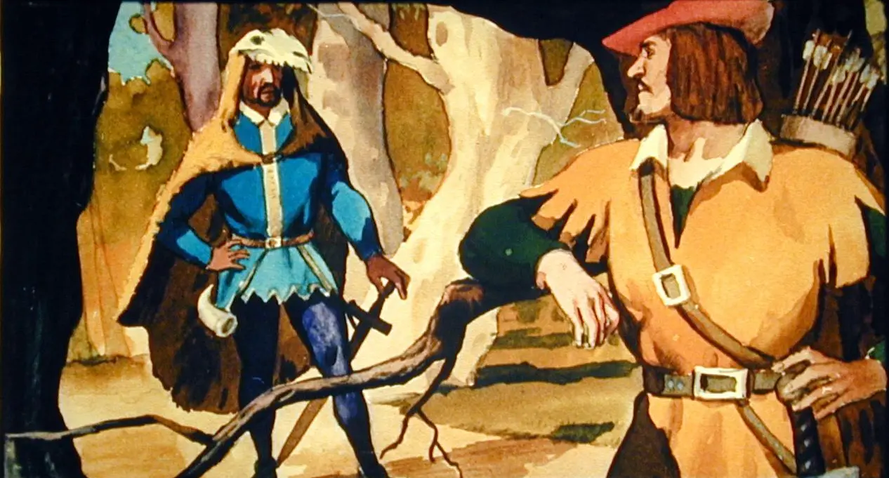 Ilustrație colorată cu doi bărbați îmbrăcați în costume istorice, discuțând într-un peisaj de pădure.