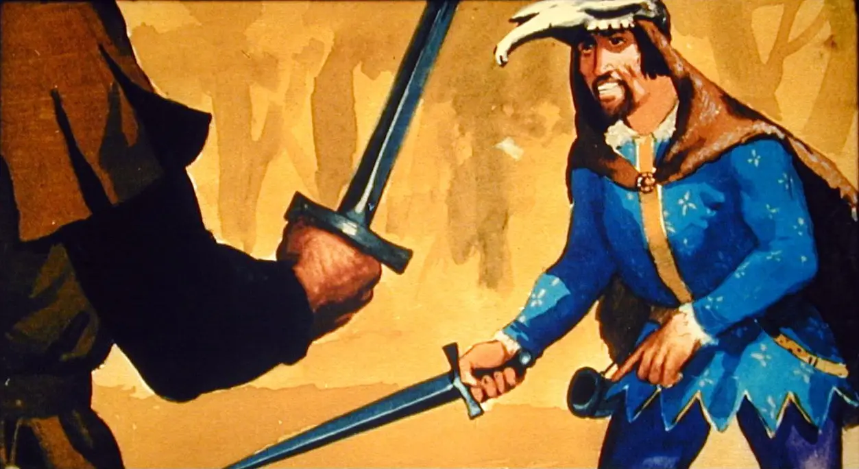 O ilustrație cu doi bărbați în timpul unui duel cu săbii, unul purtând o haină albastră și un altul cu un costum închis la culoare.