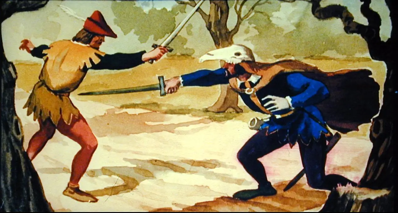 Ilustrație care prezintă o duelă între doi bărbați, unul purtând o mască de pasăre și celălalt îmbrăcat într-un costum medieval, într-un peisaj natural.