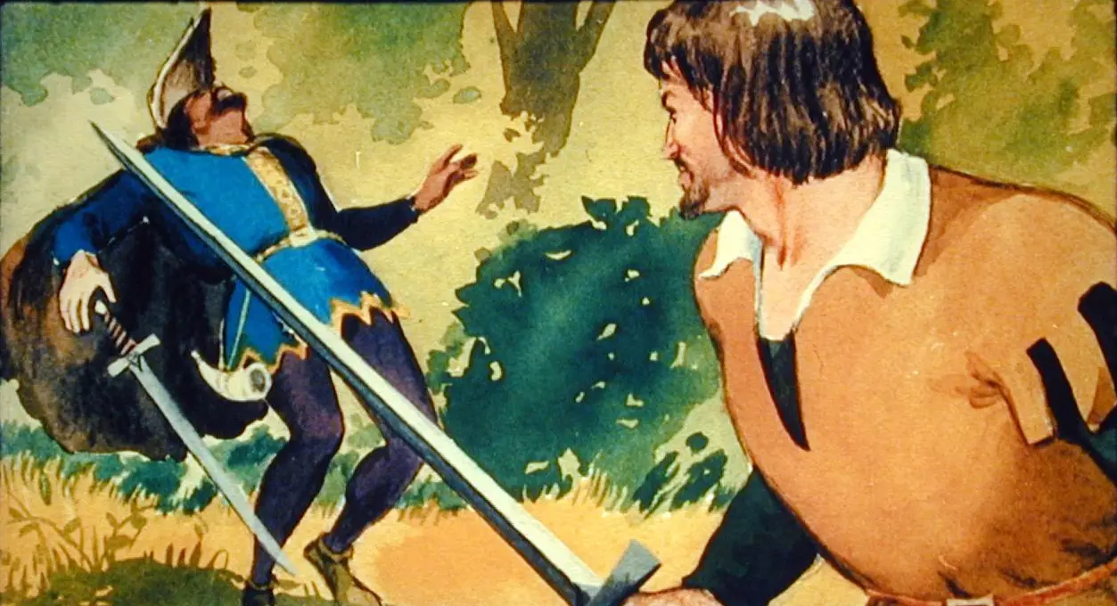 Ilustrație cu doi războinici într-un peisaj natural, unul îmbrăcat în armură și celălalt purtând o cămașă simplă, ambii având săbii.