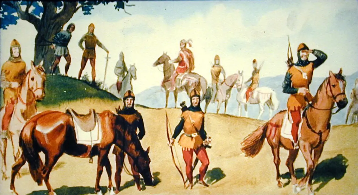 O caricatură a unor cavaleri medievali, unii călare pe cai, alții pe jos, într-un peisaj natural.