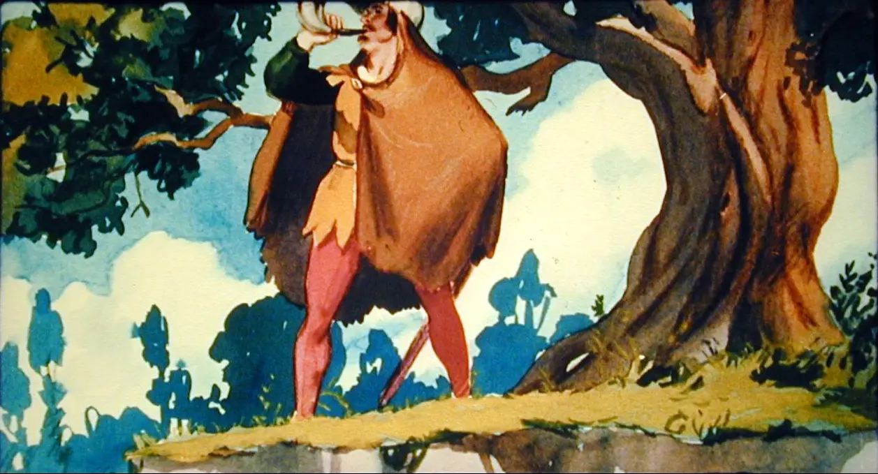 Ilustrare artistică a unei persoane îmbrăcate în costume folclorice, stând lângă un copac pe malul unui iaz.