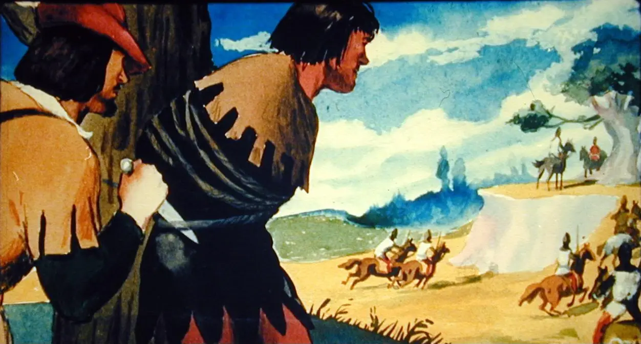 Doi bărbați îmbrăcați în haine istorice sunt într-o scenă de vânătoare, unul dintre ei ținând un bărbat legat, pe fundal se văd oameni pe cai.