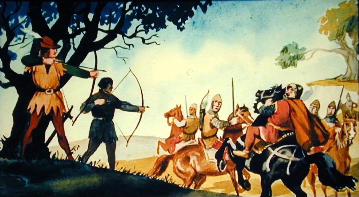 Ilustrare a unei scene cu arcași și călăreți, reprezentând o confruntare dintr-o poveste istorică.