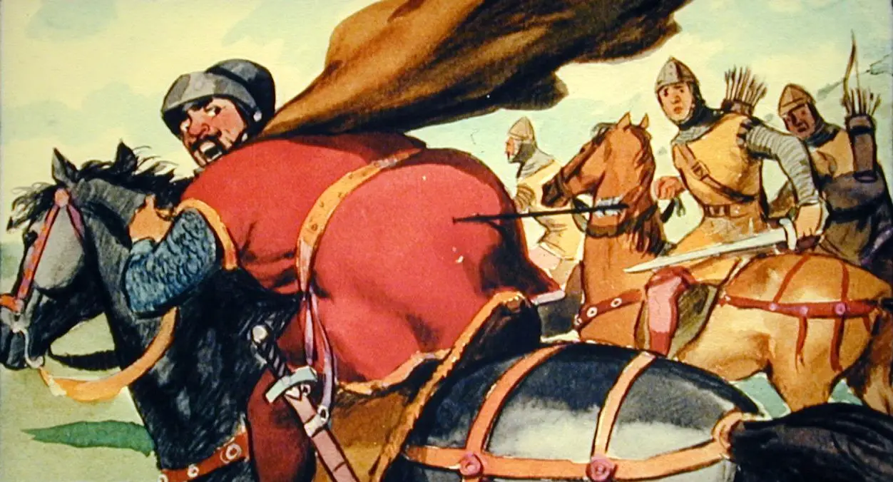 Imaginea ilustrează o scenă din timpul unei bătălii medievale, cu cavaleri călare pe cai. Un cavaler, îmbrăcat în armură roșie și cu o mantie, conduce grupul, iar alți luptători îi urmează.