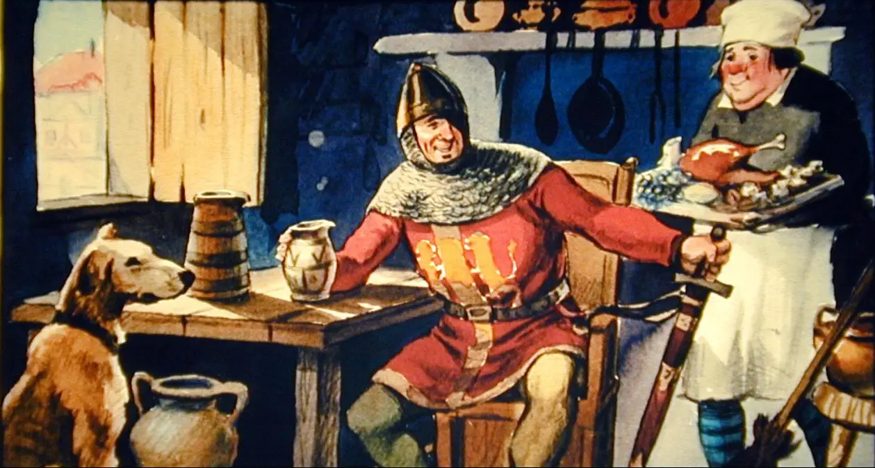 Ilustrație cu un cavaler care stă la o masă, zâmbind, în timp ce o femeie îi aduce mâncare, iar un câine se află lângă masă.