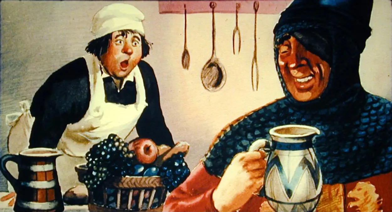 Ilustrație cu două personaje, unul îmbrăcat în uniformă de bucătar și celălalt purtând un fular, amândouă în jurul unui masă cu alimente și băuturi.