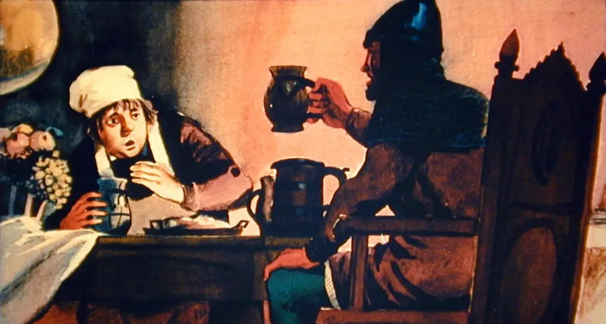 Imagine reprezentând o discuție tensionată între două personaje, unul purtând o bonetă și altul o con de protecție, într-un decor istoric.