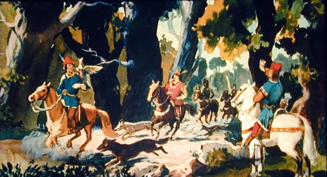 O ilustrație care prezintă o scenă de vânătoare în pădure, cu oameni călare pe cai și câini, într-un peisaj colorat.