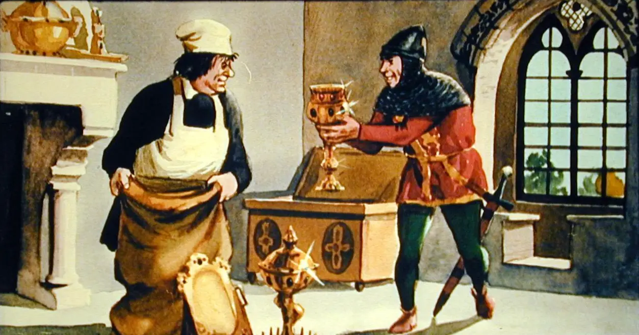 Ilustrație ce prezintă două personaje într-o cameră: un bucătar cu un şorţ și o bonetă stând lângă un șemineu, în timp ce un cavaler, îmbrăcat în armură, îi oferă un vas.