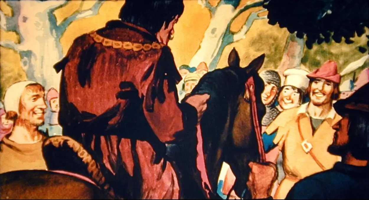 O scenă ilustrativă cu personaje medievale, un bărbat pe un cal și oameni zâmbind în jur.