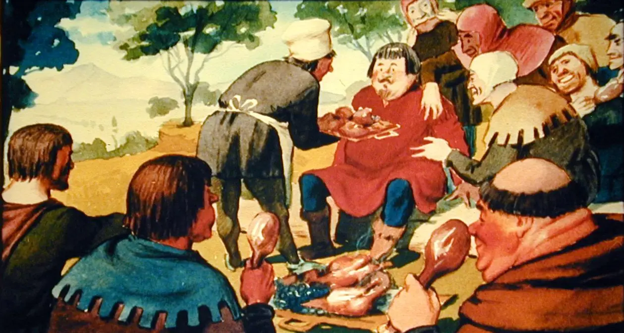 Ilustrație colorată care prezintă o scenă de festin, cu mai mulți oameni adunați în jurul unei mese în aer liber, un bucătar servind mâncare unui bărbat bine hrănit, iar alții savurând carnea.