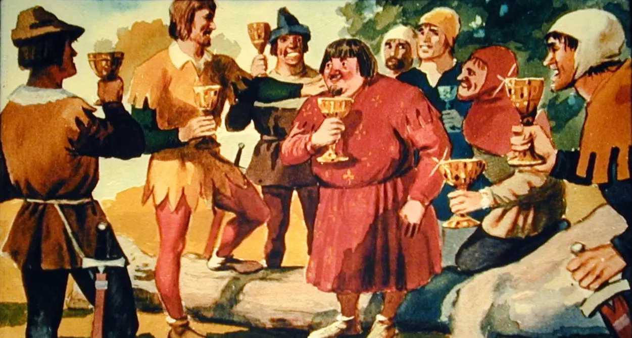 O ilustrație colorată care prezintă un grup de bărbați îmbrăcați în haine medievale, ținând cupe și interacționând într-un cadru natural.