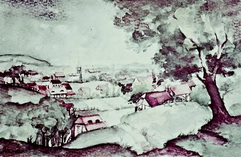 Imagine artistică a unui peisaj rural, cu case și copaci, ilustrând un sat liniștit.