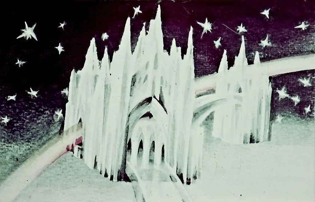 O ilustrație în care apare o clădire cu elemente gotice pe un fundal înstelat.