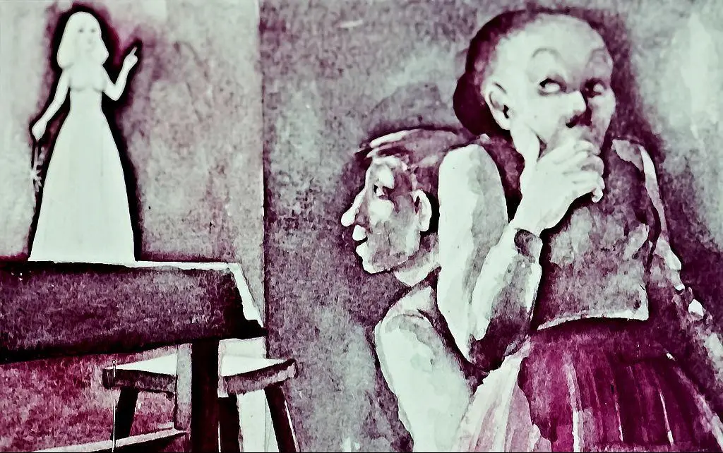 O pictură înfățișând o scenă abstractă, cu figura unei femei în rochie albă pe fundal, iar în prim-plan se văd două fețe, una dintre ele ascunzându-se și cealaltă în poziție de meditație.