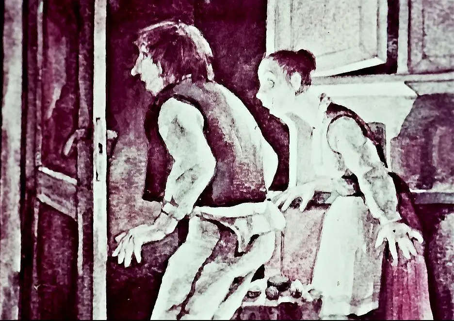 Ilustrație în care două personaje se uită cu curiozitate spre o ușă deschisă.