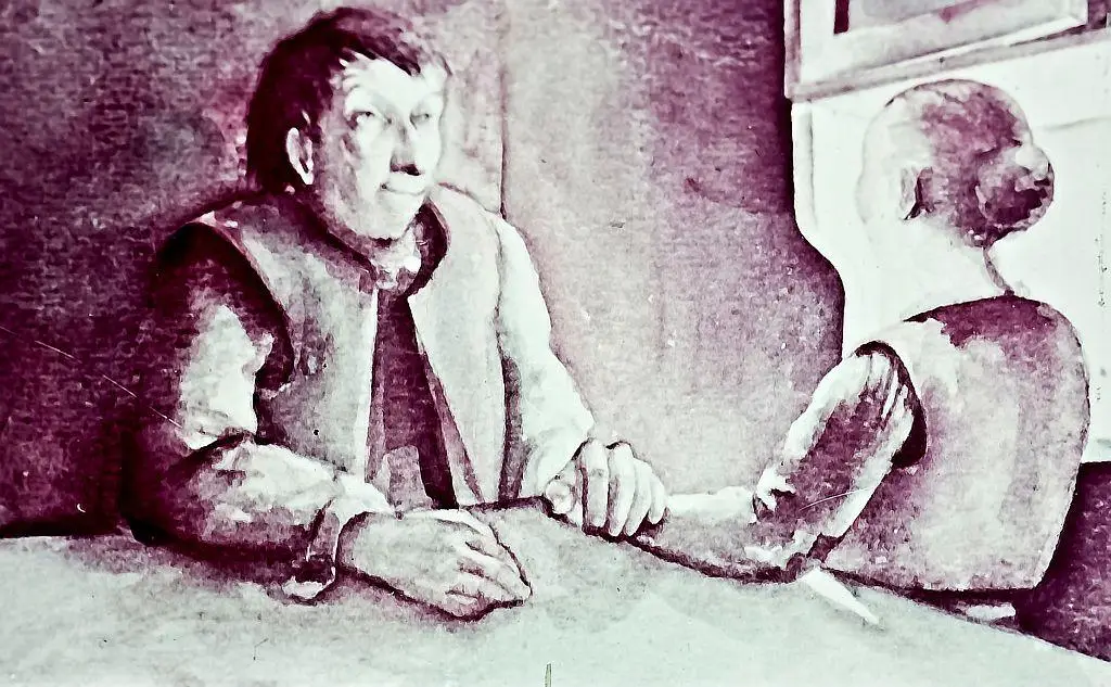 O ilustrație în care un bărbat cu o expresie neutră stă la o masă, ținând mâna unei femei, care este întoarsă cu spatele spre privitor. În fundal se observă un perete și o fereastră.