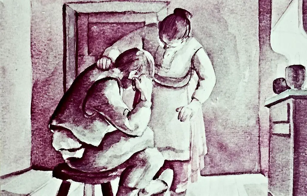 O scenă ilustrată cu două personaje, unul așezat pe un scaun și celălalt stând în picioare lângă el, în interiorul unei încăperi.