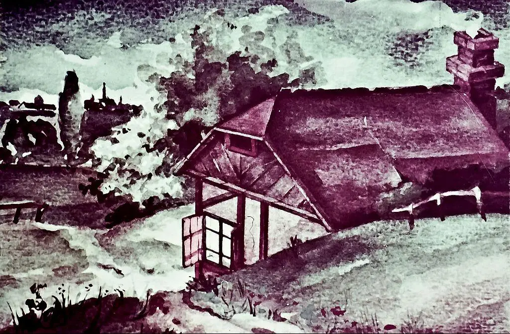 Pictură în acuarelă a unei case pe un deal, cu un drum care o înconjoară și copaci în fundal.