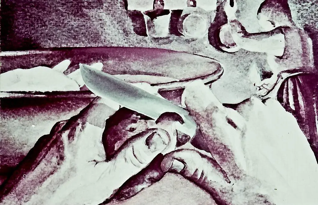 Imagine artistică a două mâini care țin un obiect cu lamă, într-un context de gătit sau preparare a alimentelor.