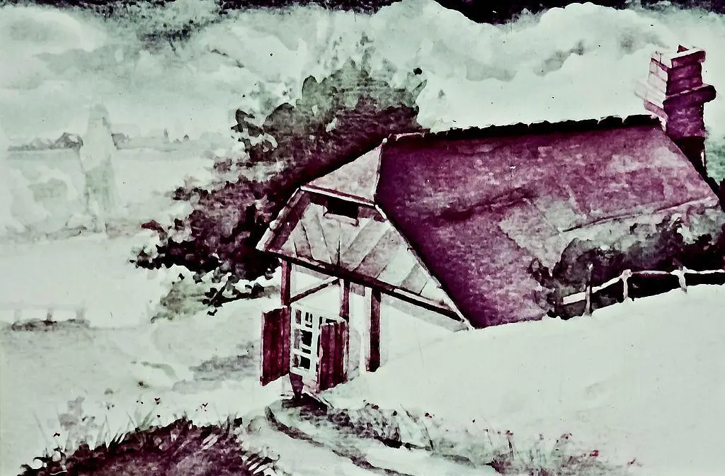 O pictură în acuarelă care prezintă o casă cu un acoperiș înclinat, situată pe o colină, înconjurată de peisaje cu nori și copaci în fundal.