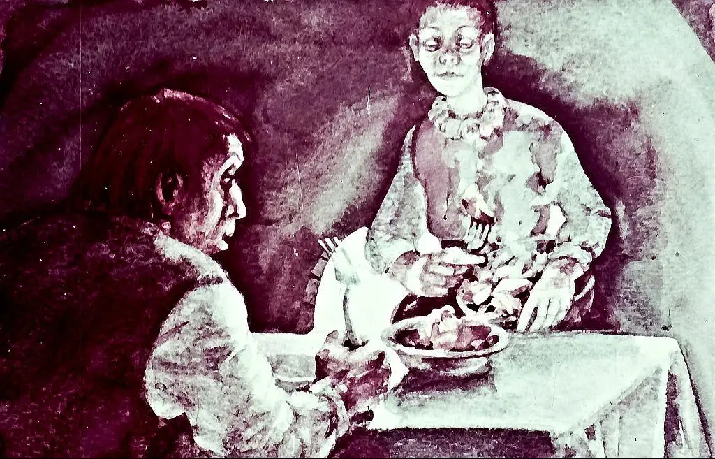 Imagine artistică care prezintă o persoană ghemuită, cu mâinile pe cap, indicând o stare de supărare, în timp ce o altă persoană, îmbrăcată în fustă roșie, stă în fundal cu un obiect în mână.