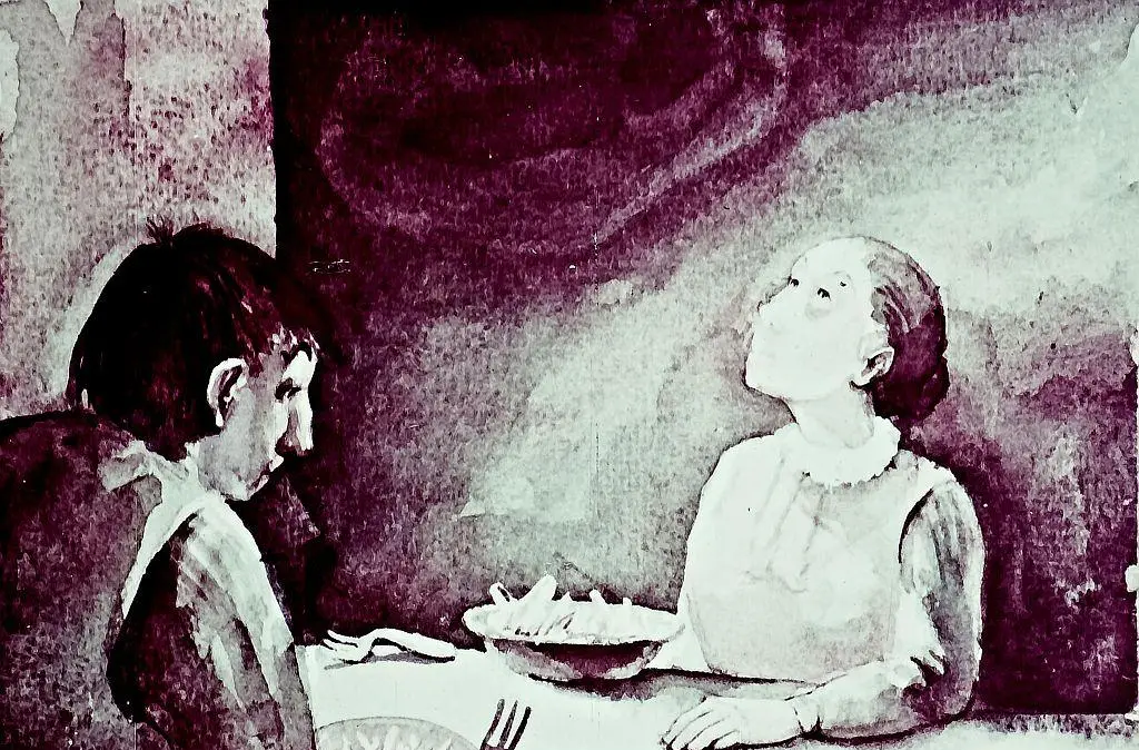 O ilustrație în care un bărbat stă la o masă, uitându-se la o femeie care mănâncă dintr-un bol.