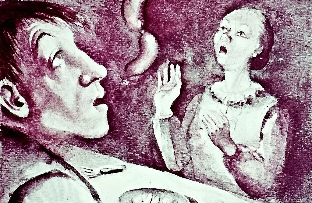 Ilustrație în acuarelă care arată o masă cu doi oameni; unul dintre ei, un bărbat, este aplecat spre masă, iar femeia, cu un aspect distant, privește spre un fundal întunecat.