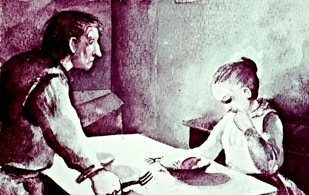 O ilustrație artistică care prezintă un bărbat și o femeie la o masă, având expresii de uimire și surpriză, cu alimente pe masă.