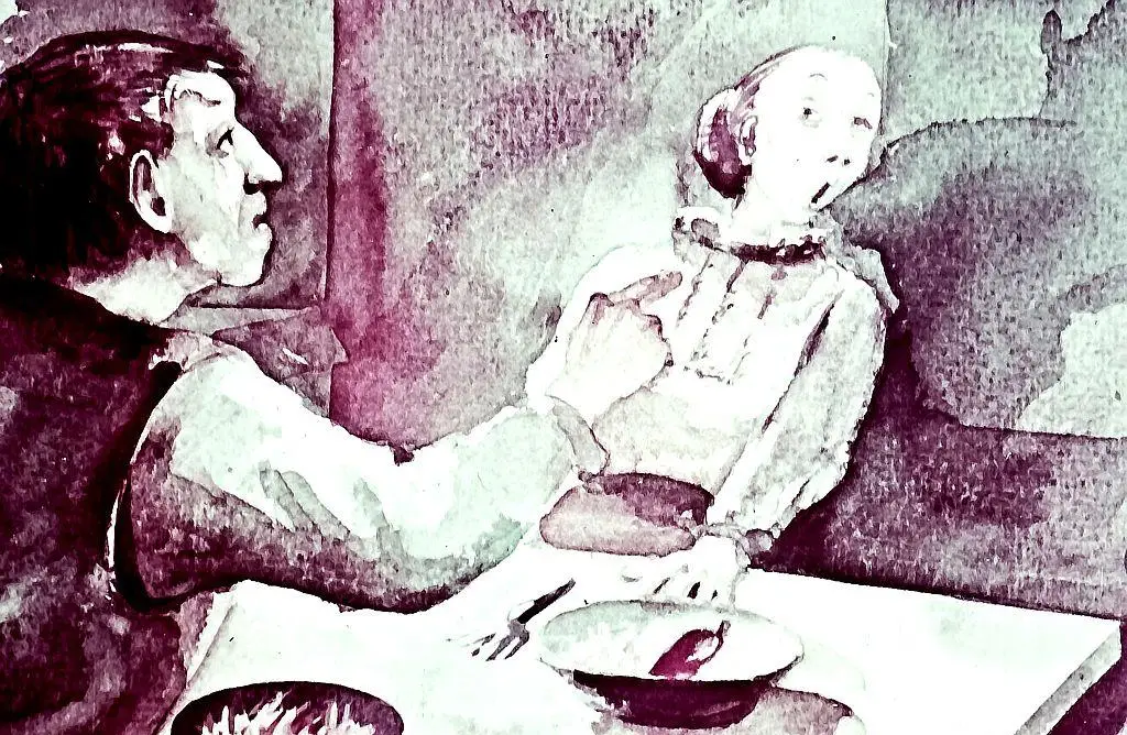 Ilustrație reprezentând un adult și un copil la o masă, adultul ținând o furculiță, iar copilul privind la un bol.