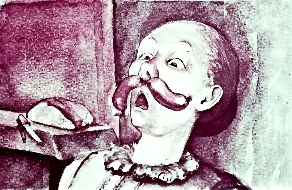 O ilustrație în acuarelă care prezintă un bărbat și o femeie la masă. Bărbatul vorbește, iar femeia are o expresie surprinsă.