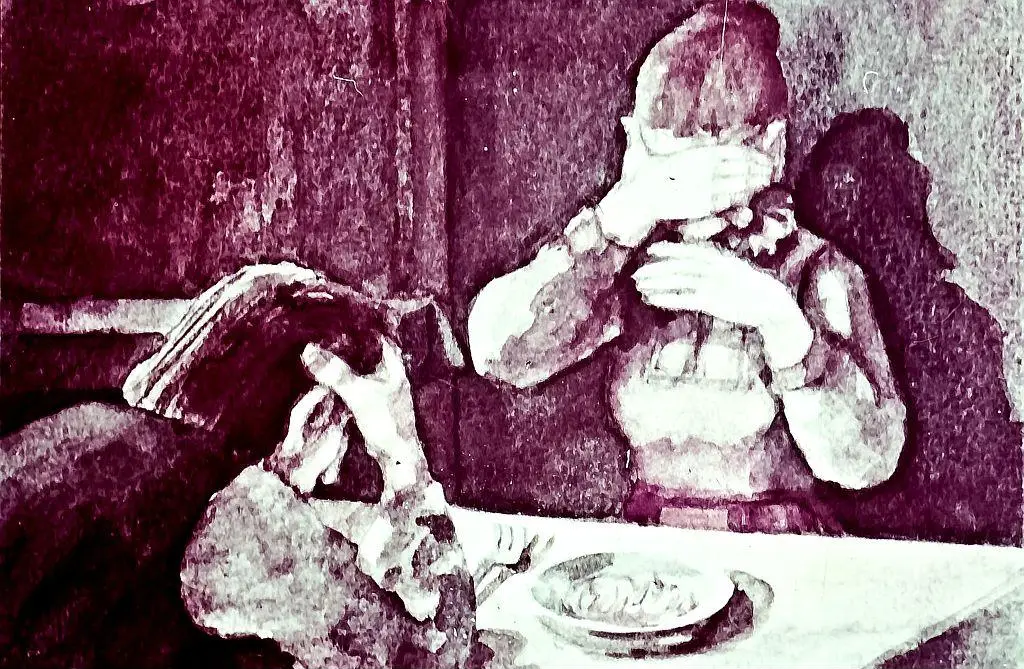 O ilustrație artistică a unei persoane cu o mustață neobișnuită, având o expresie surprinsă sau șocată, într-un mediu întunecat.