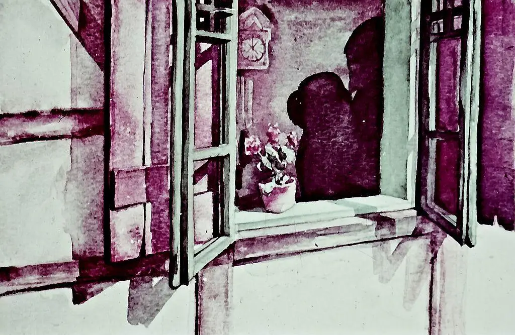 O fereastră deschisă cu plante într-un ghiveci și umbrele unor oameni văzute pe peretele din spate.