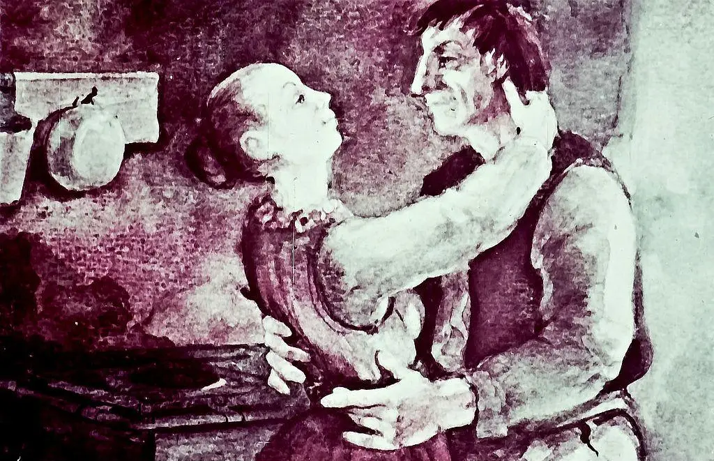 O ilustrație în care o femeie în rochie albă își îndreaptă degetul spre un bărbat cu o expresie surprinsă, sugerând interacțiune sau comunicare.