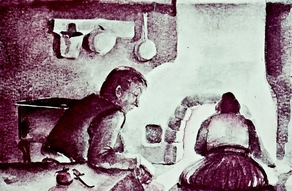 O scenă dintr-o bucătărie în care un bărbat și o femeie pregătesc mâncare, cu detalii despre ustensilele din jur.