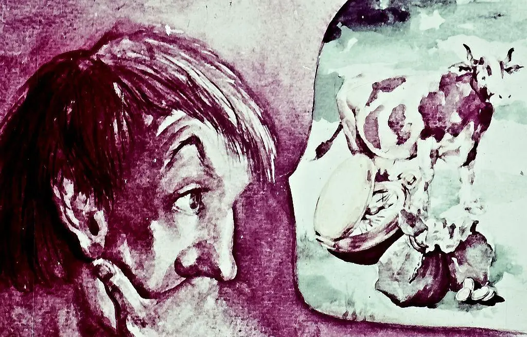 O ilustrație artistică care prezintă un bărbat cu o expresie contemplativă și o vacă ilustrată în fond.