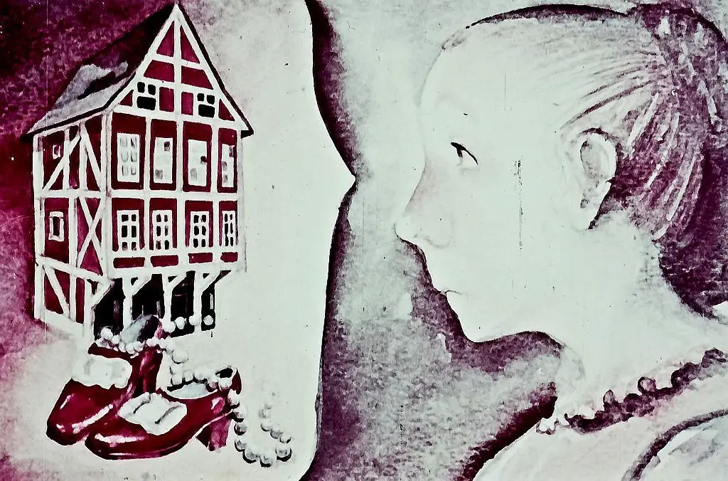 O ilustrație artistică a unei case tradiționale și a unei fețe umane, cu un accent pe detalii stilizate.