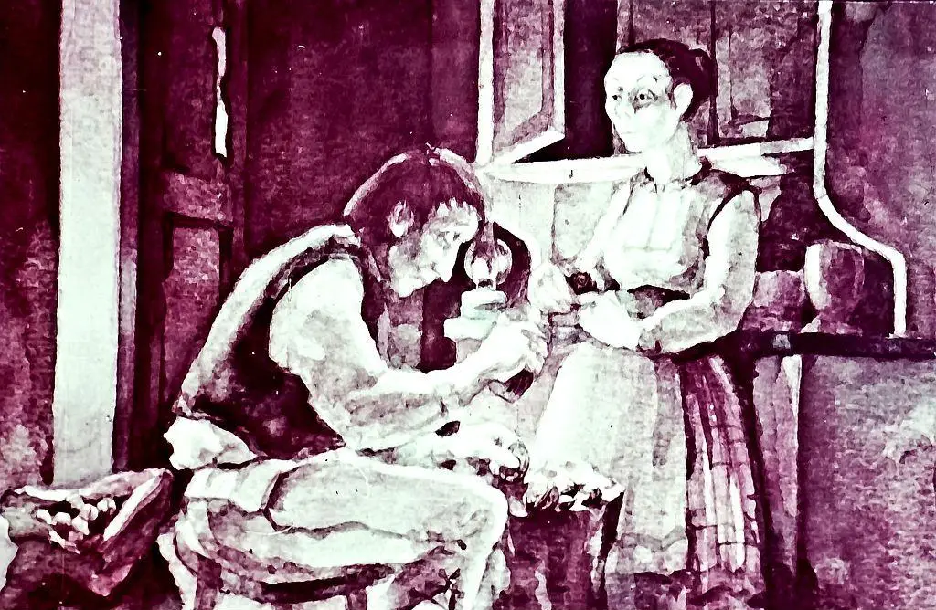 O ilustrație în care un bărbat stă pe un scaun și lucrează la o lampă, în timp ce o femeie stă lângă el, observându-l. Fundalul este întunecat, iar detalii ale mediului sunt vizibile.